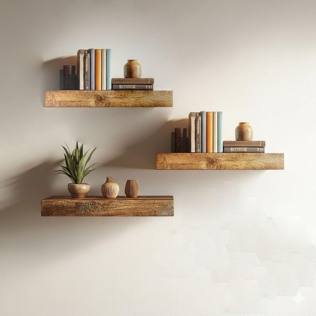 HIURYD Solid Wood Floating Wall Shelves Set of | Rustic Wooden Display Shelves for Living Room, Bedroom, Kitchen & Bathroom | Heavy Duty Wall Mounted Shelves (9 Inches, 3 Shelves)