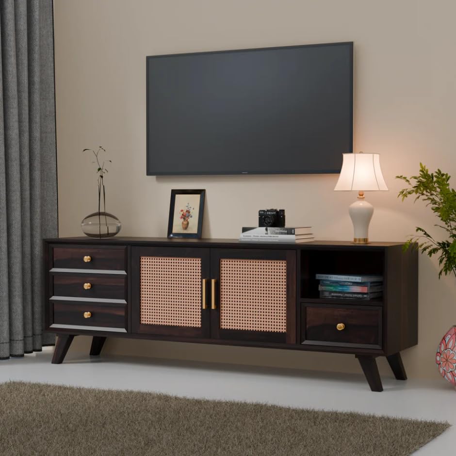 Image of Premium Solid Wood, 10 Minutes Assembly (Legs Only), Aesthetic Rattan Doors, Mid Century Entertainment Center for Living Room, TV Stand for 65 inch TV, Dark Chocolate (Walnut TK-27)