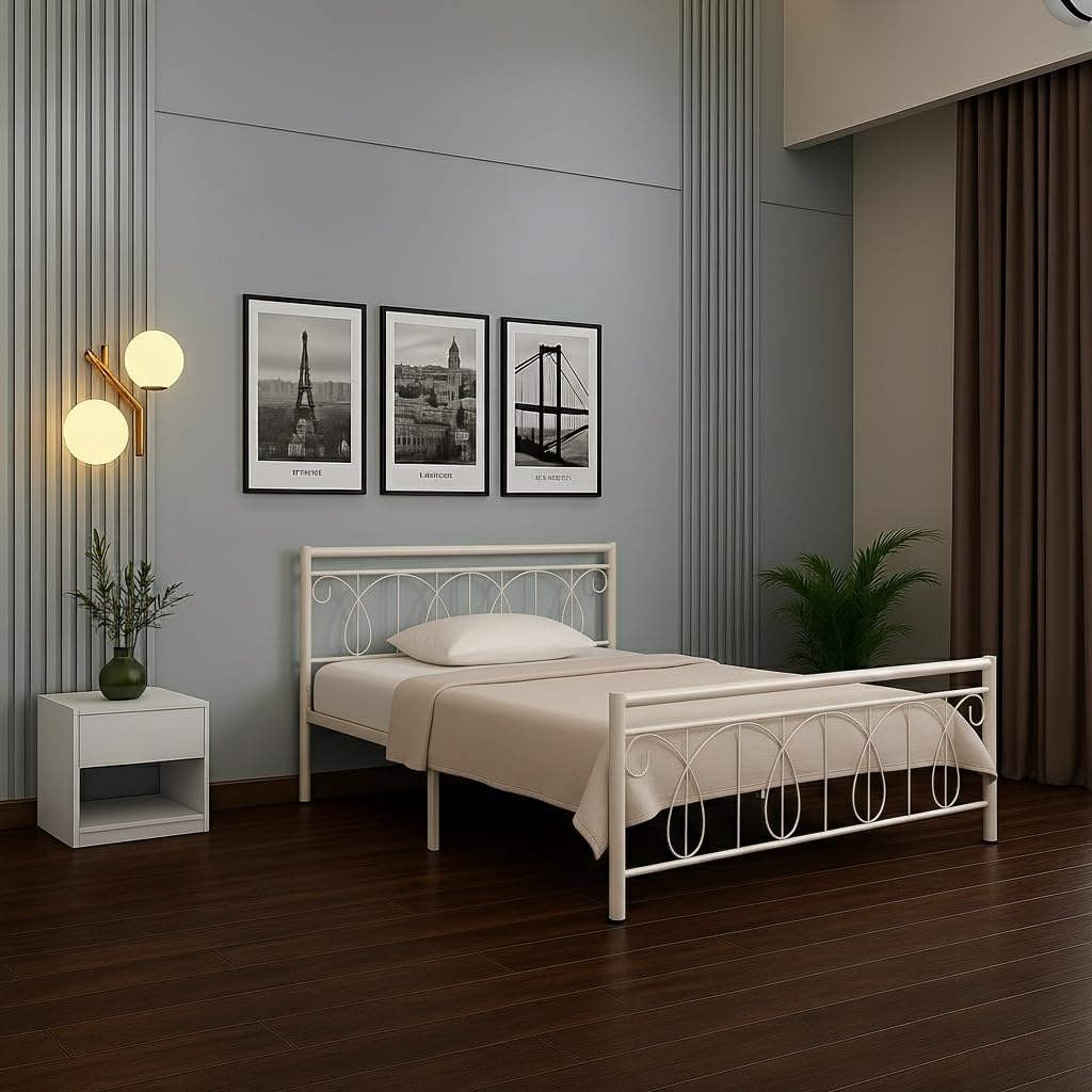 Kovu Metal King Size Bed Without Storage | Wrought Iron Double Bed with Headboard & Footboard | Sturdy Powder Coated Platform Bed King Size Cot for Bedroom Living Room Ivory (75x72)-image-12