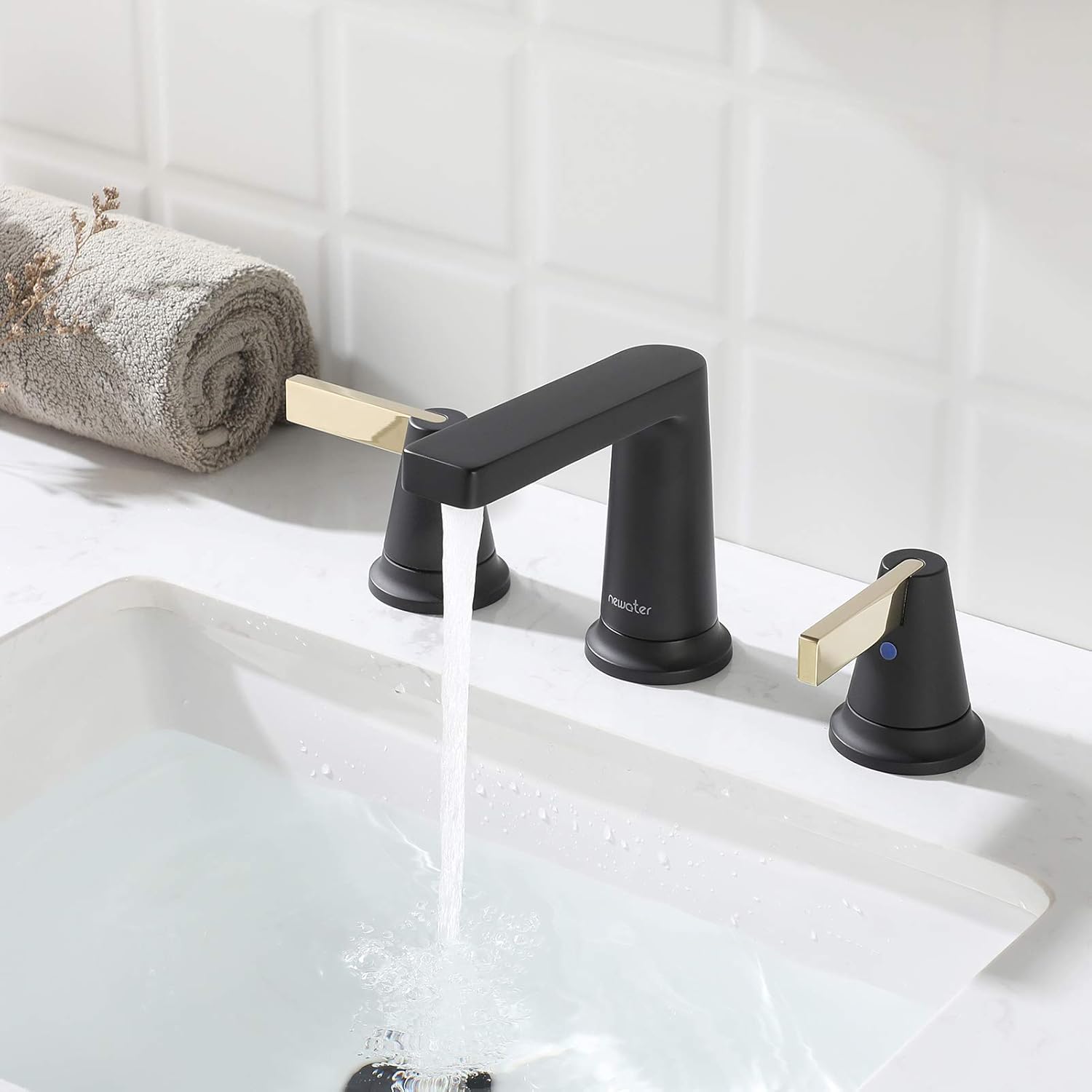 Gеt Chеар Prісе NEWATER 2-Handle Brass Modern Bath Vanity Faucets Widespread Bathroom Sink Faucet 3-Hole Rv Commercial Lavatory Faucet with Metal Pop-up Drain & Supply Lines，Matte Black