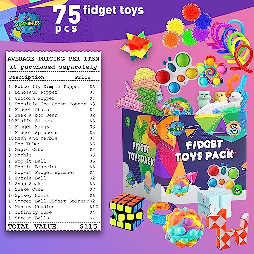 Sensory Fidget Toys Pack - 75Pcs Stress Relief And Anti Anxiety Toys For Kids - Cool Fidget Packs With Stress Balls, Fidget Cube, & More For Party Favors, Prizes, Travel, & Pinata Stuffers #TOP4