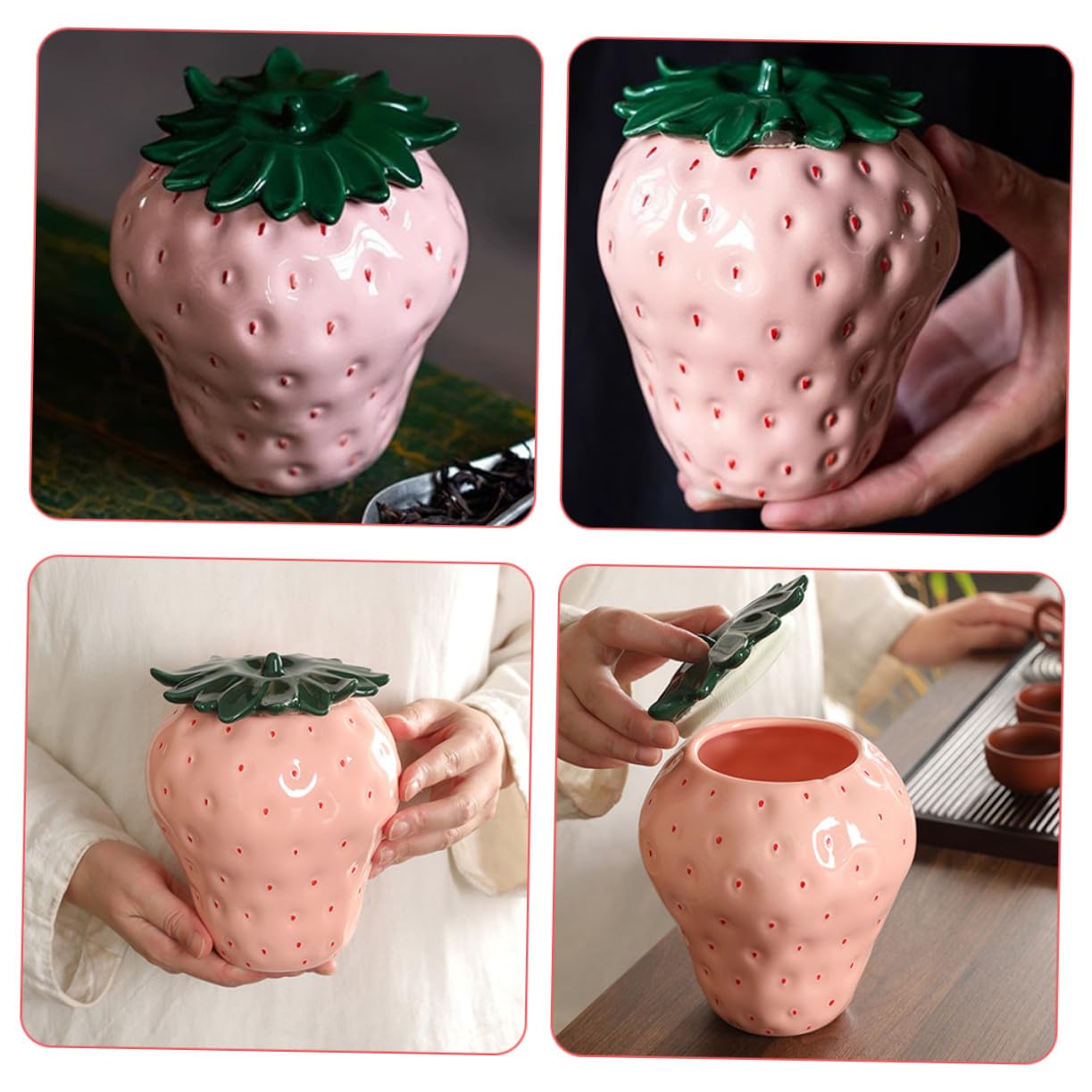 VALICLUD Tarro Decorativo de Fresa de Cerámica Rosa 800ml para Té | Recipiente para Hojas Sueltas y Dulces, Acabado de Sobremesa, Obsequio de Inauguración