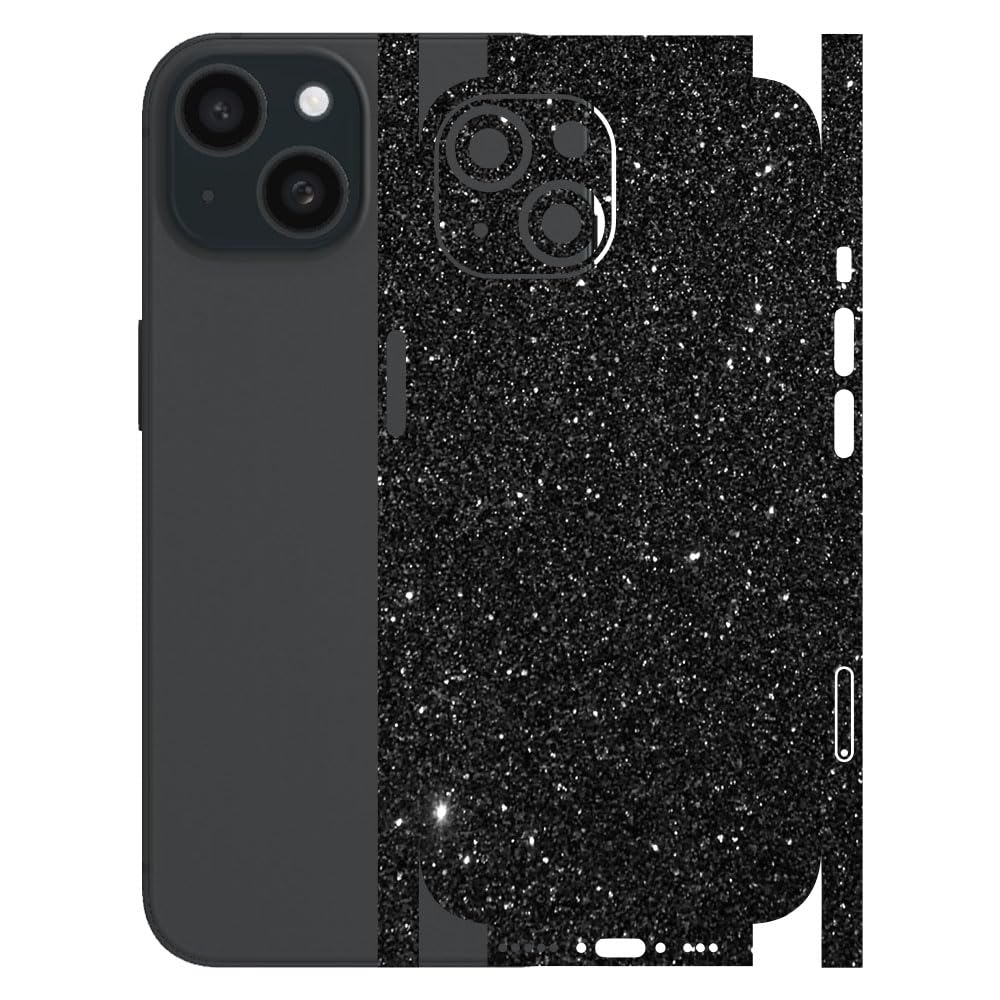 AtOdds - Compatible for iPhone 15 - Mobile Back Skin Sticker - Lamination - Rear Screen Guard Protector Film Wrap (Coverage - Back+Camera+Sides) (Design - Black Glitter)-image-49