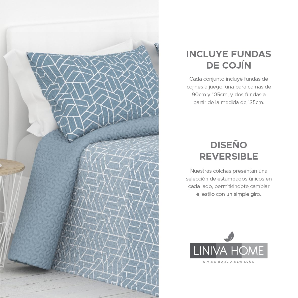 Liniva Home Colcha Fina Reversible de Verano y Primavera. Colcha con Funda DE COJÍN. Cubrecama Elegante de Microfibra Extra Suave. (Lineal - Celeste - Cama 135 cm)