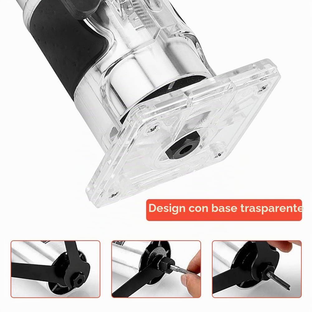 Fresatrice Verticale Elettrica per Legno, 30000 giri/min, Base in Alluminio Trasparente, Rifilatore Trim Router per Lavorazione del Legno
