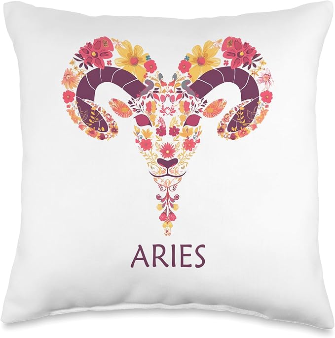 Floral Boho Zodiac Aries Sign Retro Botanical Astrology Throw Pillow