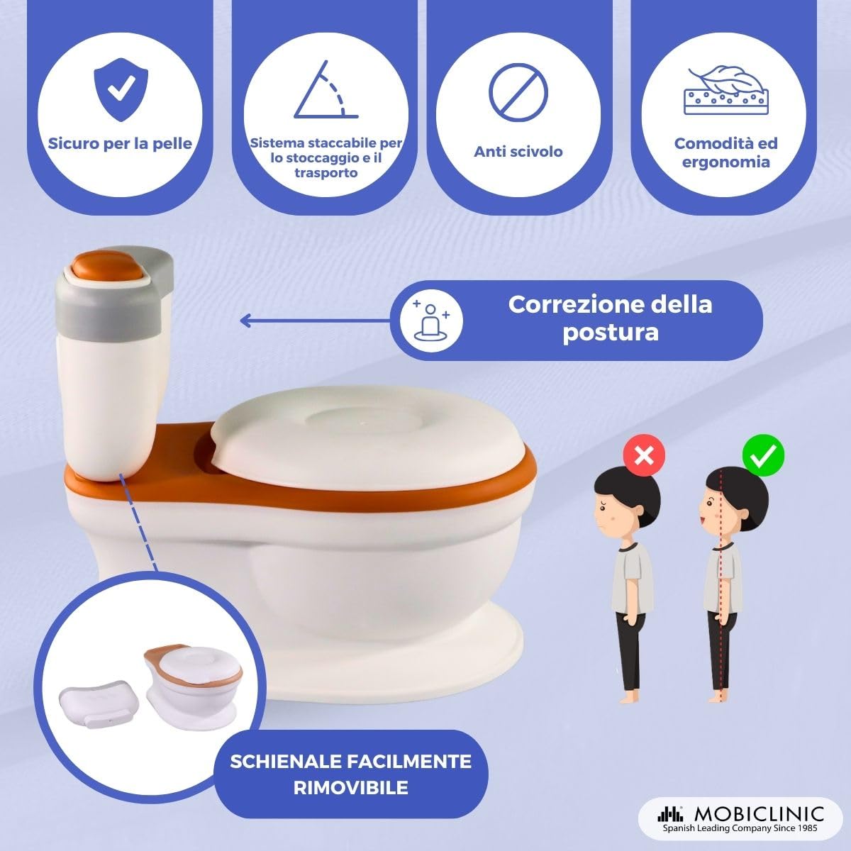 Mobiclinic® kids, Vasino, Toikid, Età 1-3 anni, Con coperchio, Risciacquo acustico, Scomparto per la carta igienica, Funzionamento a batteria, Secchio rimovibile, Sedile impermeabile (arancione)