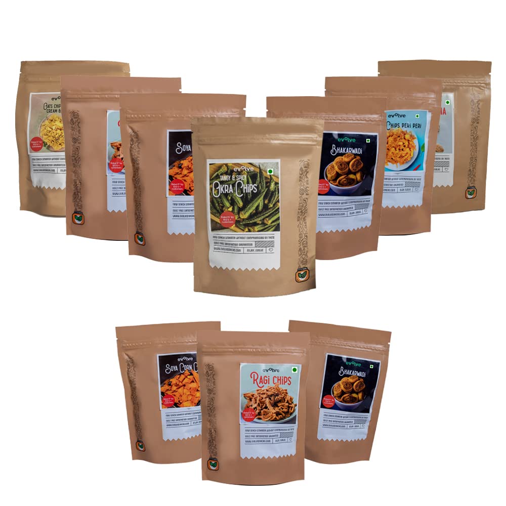 Evolve Combo Healthy Snacks for Kids, Adults | Gluten Free, Baked, Vacuum Fried, Low Calorie, High Protein, Weight Loss Friendly, Crunchy Snack | Pack of 10