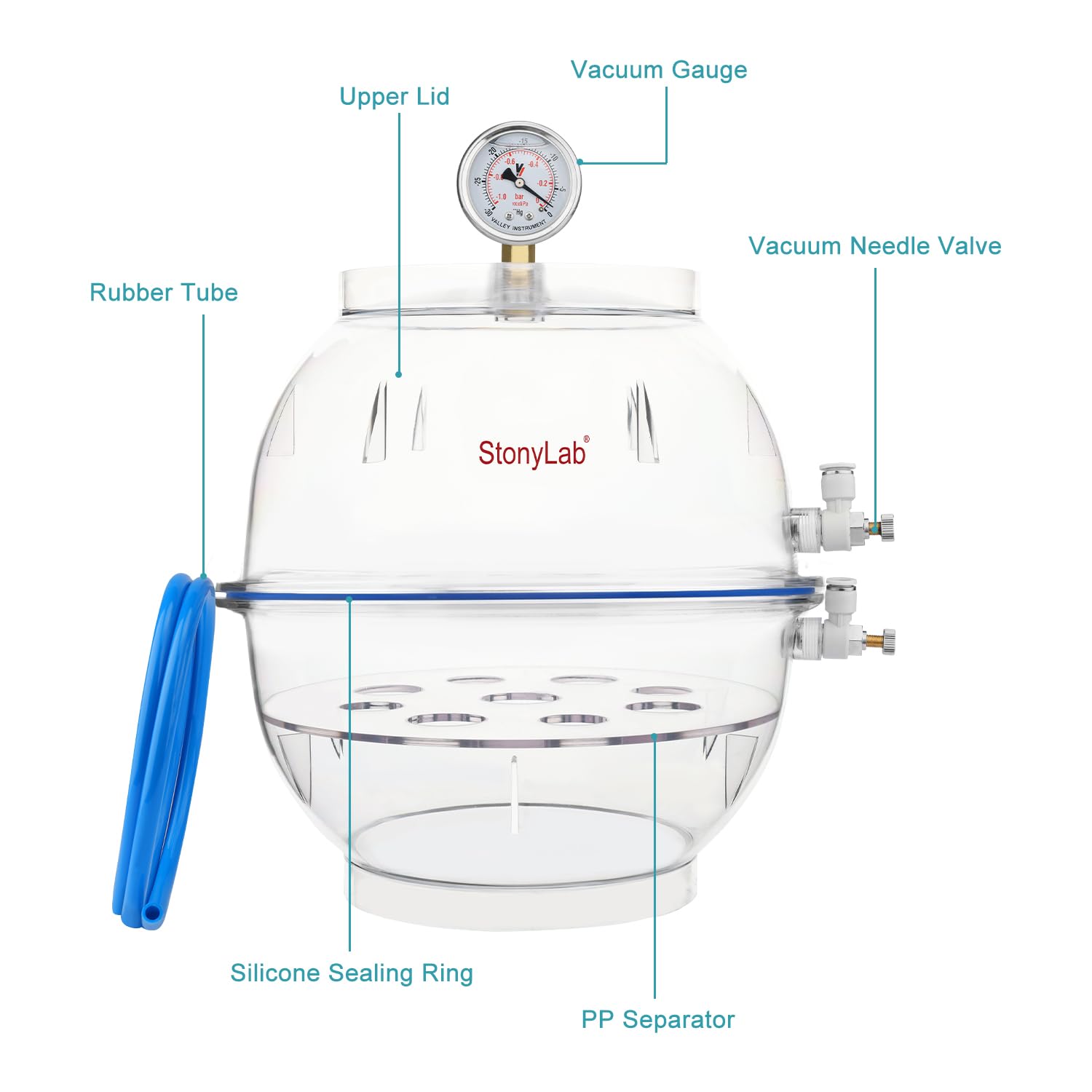 stonylab Dessiccateur à Vide en PC, Matériau Épaissi pour Durabilité Accrue, Joint en Silicone Fiable, Système à Double Valve, Équipé d'un Manomètre, Diamètre de 250 mm, pour Usage en Laboratoire