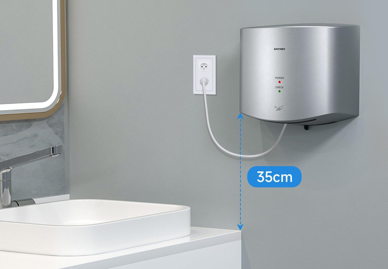 anydry 2630S sèche-Mains Compact, sèche-Mains électrique, Commercial ou Domestique, sèche-Mains Automatique à Grande Vitesse, sèche-Mains pour Toilettes.Logement ABS.1400-1650W.(Argenté)