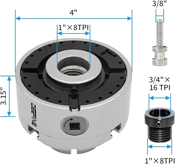 4 Inch Wood Lathe Chuck Set 1 x 8 tpi Thread & 3/4 x16TPI Adapter, Nickel Plated Self Centering 4 Jaw Wood Turning Chuck Set (2PCS Jaws)