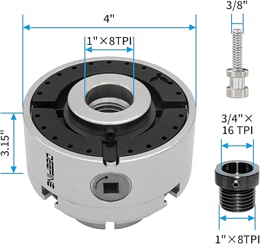 4 Inch Wood Lathe Chuck Set 1 x 8 tpi Thread & 3/4 x16TPI Adapter, Nickel Plated Self Centering 4 Jaw Wood Turning Chuck Set (2PCS Jaws)