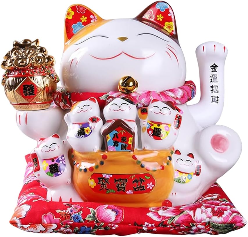7Inch Fortune Cat Japanese Beckoning cat Ceramic Waving Arm Cat for Shops, Restaurants, Living Room and Home Decoration