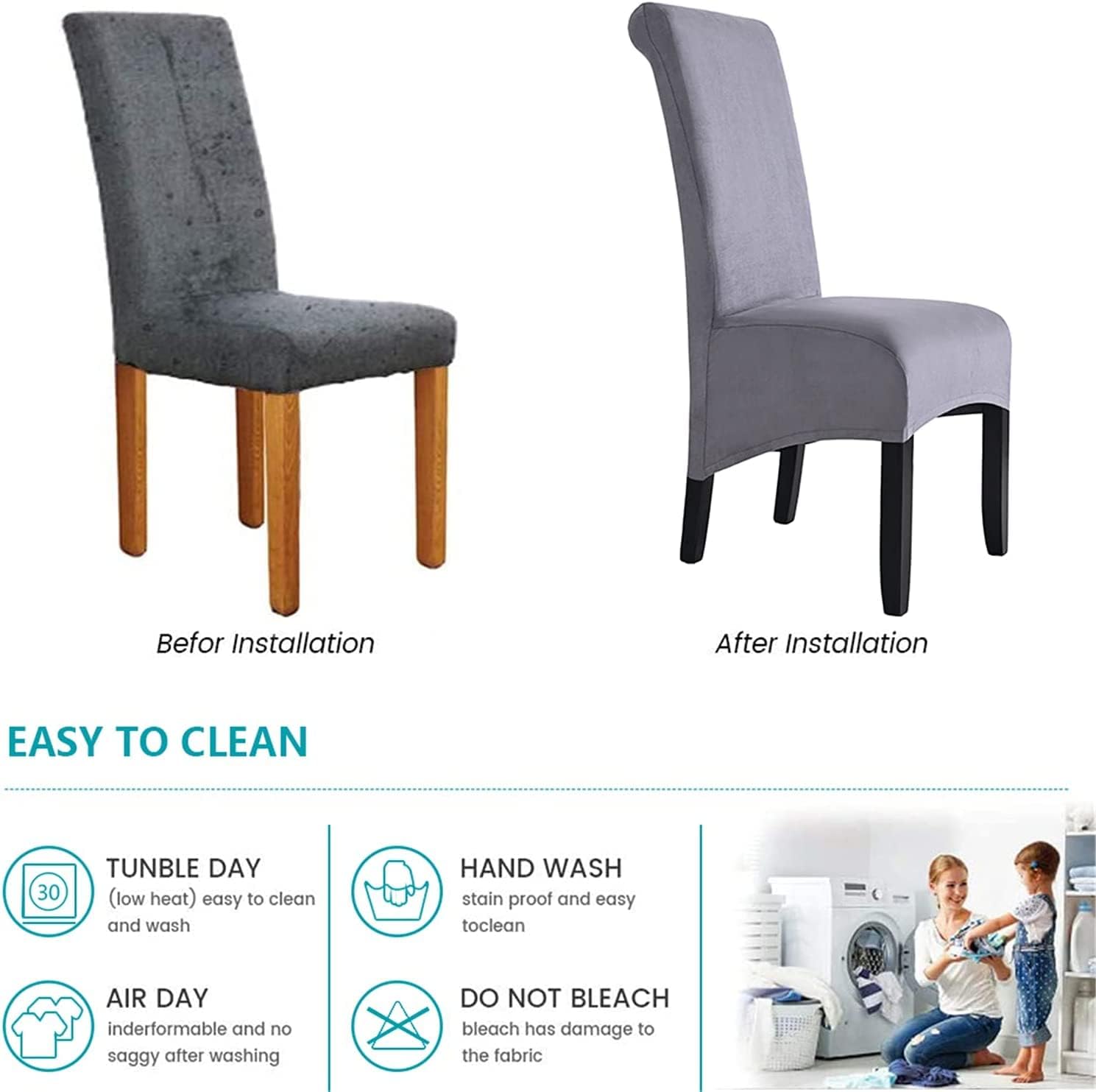 Stretch Dining Chair Slipcovers Soft Suede Chair Covers Luxury High Back Chair Protector Covers for Kitchen Hotel Wedding (Color : Gray, Size : 2 PCS)