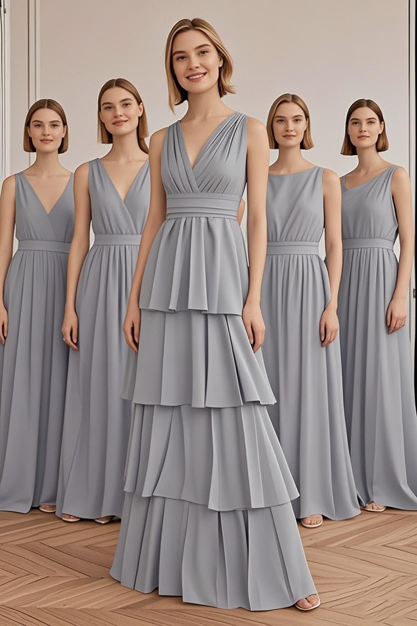 homdor V Neck Tiered Bridesmaid Dresses Long for Women Ruffles Chiffon Formal Evening Dresses - Image 5