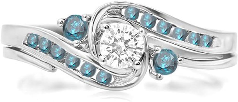 Dazzlingrock Collection 0.50 Cttw 14k Round Blue And White Diamond Womens Swirl Bridal Engagement Ring Set, Solid White Gold