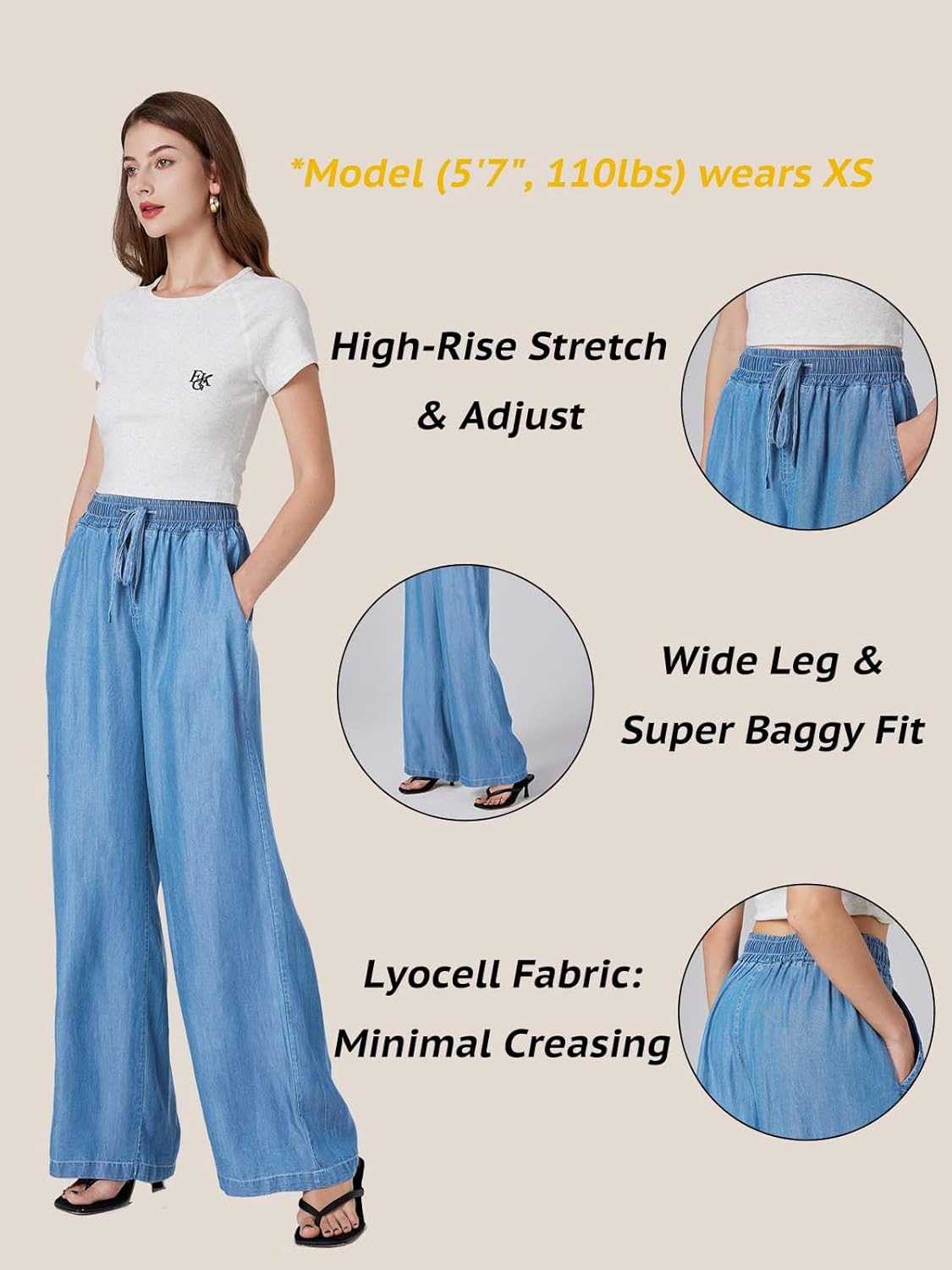 Women's High-Rise Wide-Leg Pull-On Jeans, Elastic Waist, Loose Fit Soft Denim - Image 5
