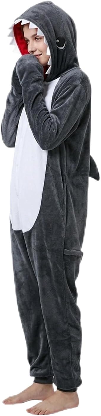 Shark Onesie Adult Funny Animal Pajamas Flannel Hoodie One-Piece Costume Christmas Halloween Cosplay Sleepwear for Women Men US, Alpha, X-Large, Regular, Black Shark