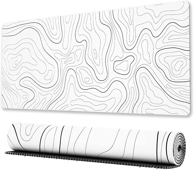 Large Gaming Mouse Pad, Topographic Map Design, Anti-Slip Base, 80 x 30 cm, White