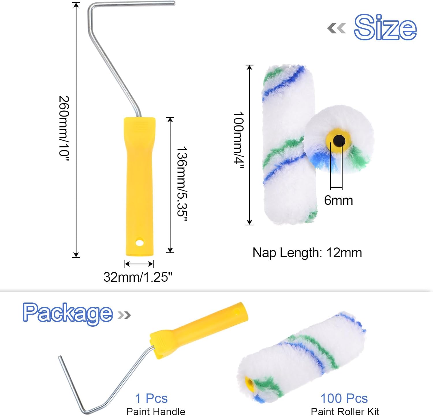 HARFINGTON 100pcs 4 Inch Paint Roller Kit, Polyester Fiber Nap Small Paint Roller Brush with 10 Inch Length Handle House Painting Supplies Wall Painting Tools