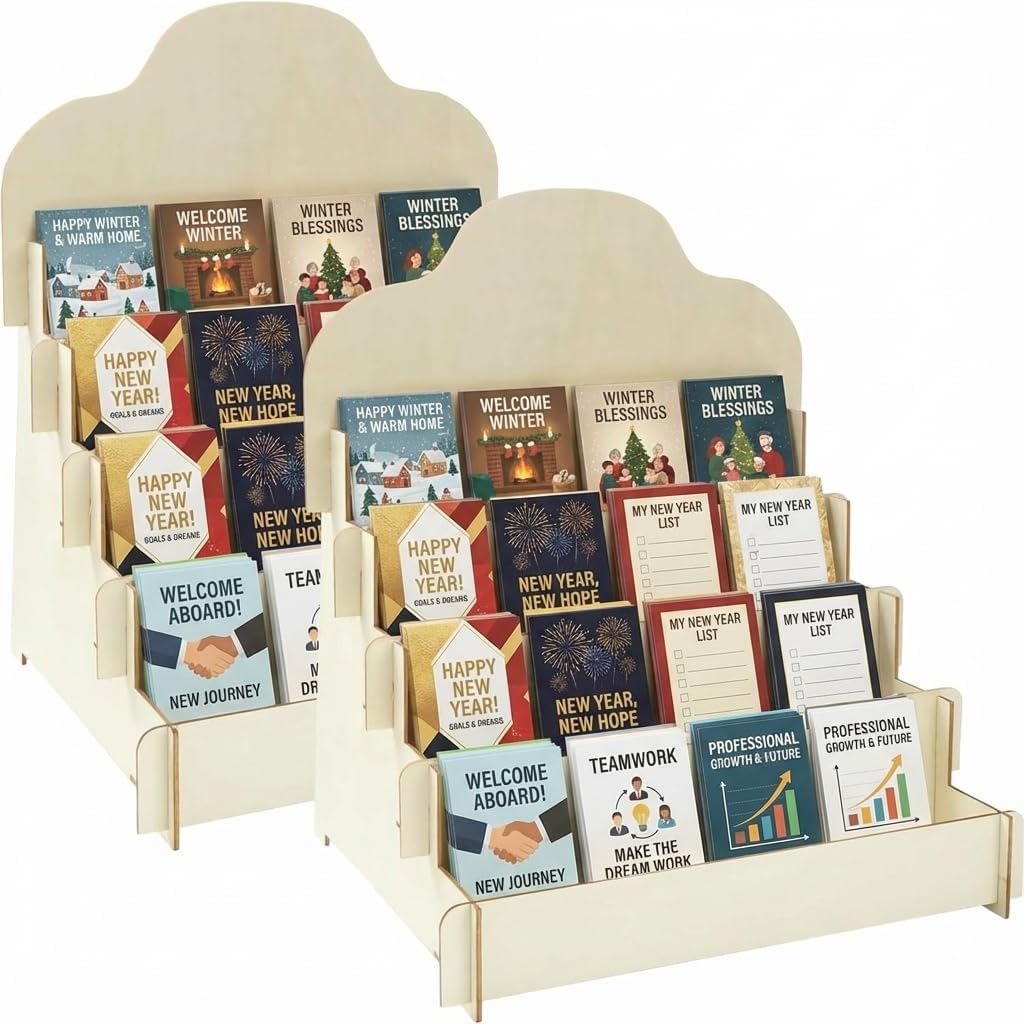 2 Pack 4-Tier Wooden Greeting Card Display Stand, Card Rack for Stickers, Postcards, Photos, Stationery, Small Products, Home Office Decor & Organizer, Lightweight for Vendor Booths, Craft Fairs
