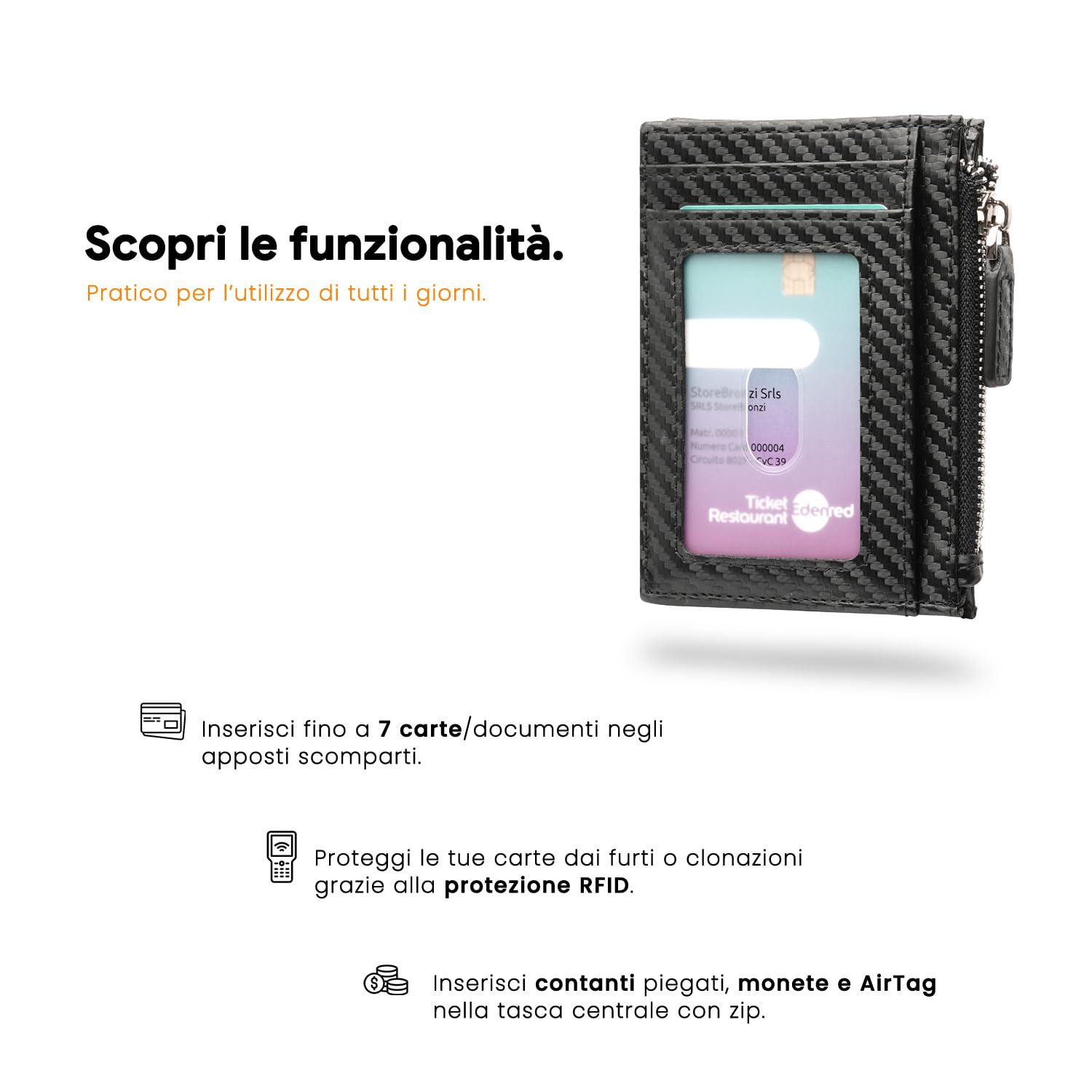 Bronzi Portafoglio Porta Carte Credito - Portafoglio Uomo Slim Portacarte uomo - Mini Porta Tessere - Protezione RFID - Design Smart Italiano Scatola Regalo inculsa (Zip Carbon)