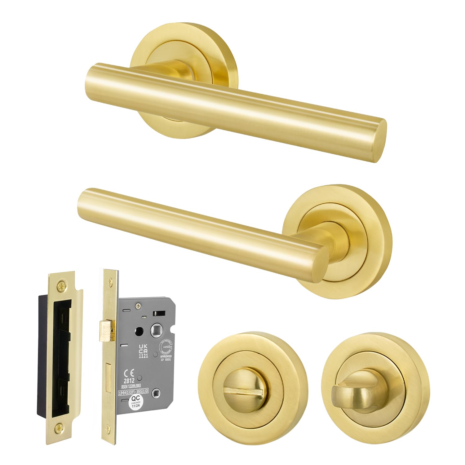 EAI Satin Brass Door Handle Bathroom Set, 1 Pair of Internal T-Bar Lever on Rose Door Handles, Lock (64mm) - Oliena Range