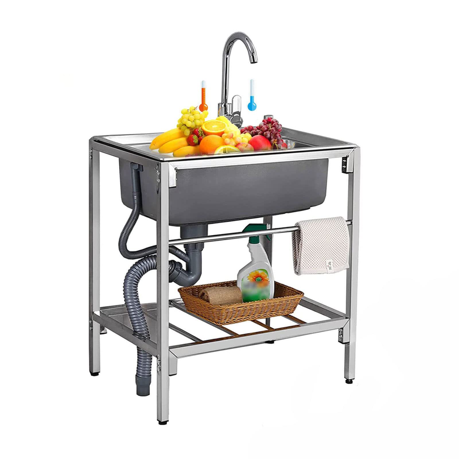 TAXXII Commercial Stainless Steel Sink Outdoor Utility Free Standing Kitchen Hand with Storage Shelve Cold Hot Faucet for Laundry Room Backyard Garage