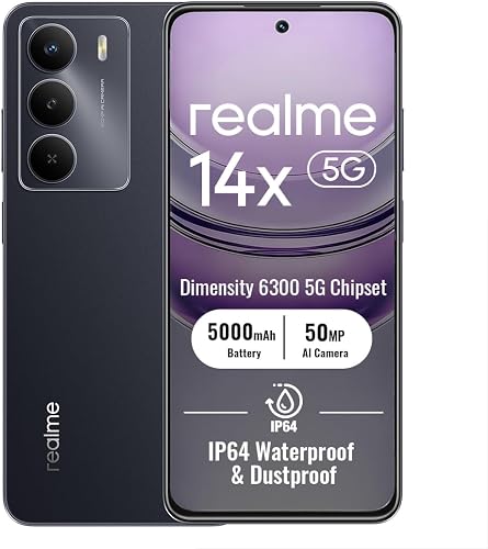 realme 14x 5G Smartphone 8+256GB, Negro Carbón, Pantalla de 6.67 Pulgadas, Refresco de 120Hz, Batería de 5000mAh, Cámara AI de 50MP, MediaTek Dimensity 6300, Protección ArmorShell, IP64