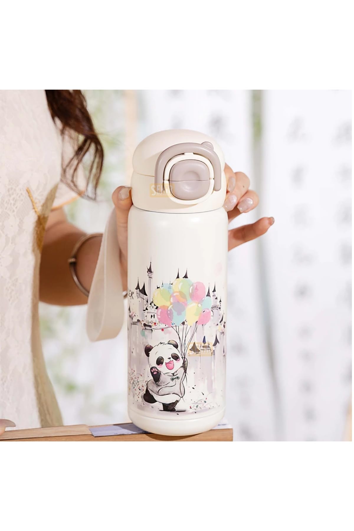 Vagonlife Diller 600ml Sevimli Hayvanlar Desenli Pipetli/Pipetsiz El Askılı Paslanmaz Çelik Termos (Panda)