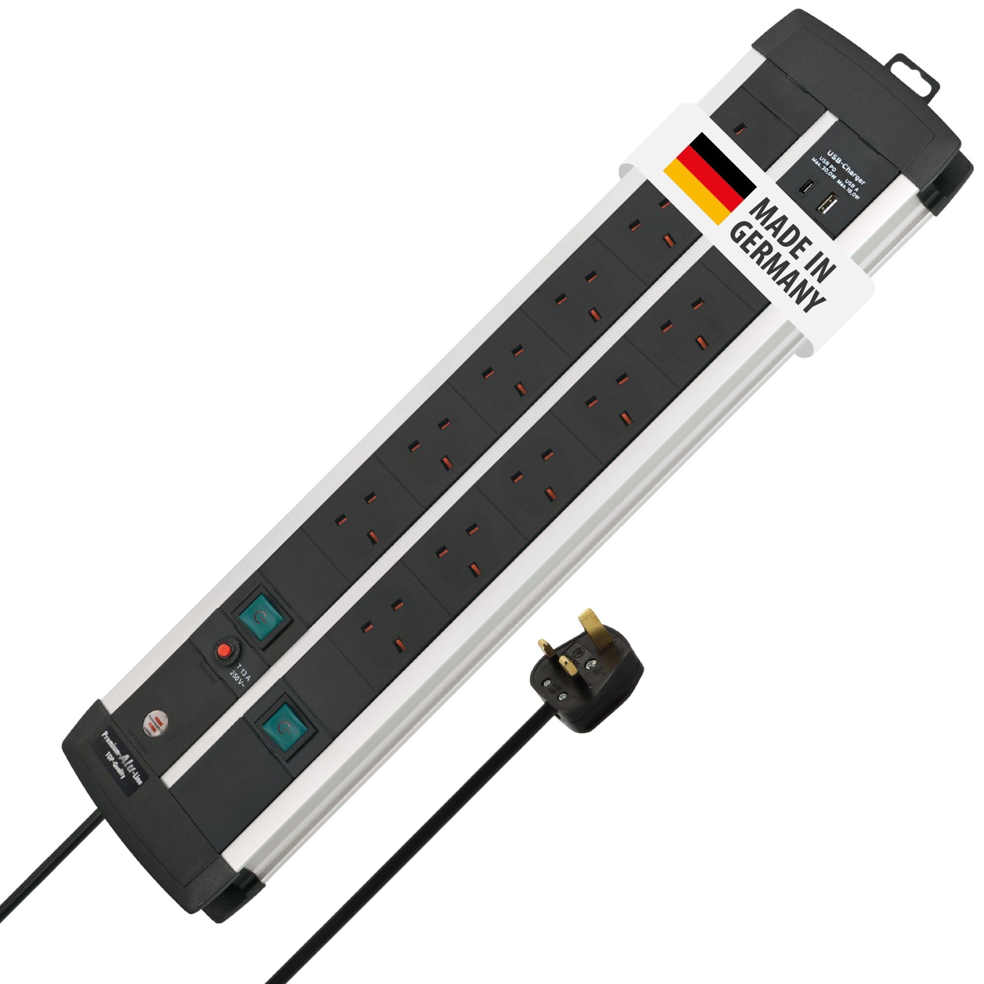 Brennenstuhl Premium-Duo-Alu-Line Power Strip / 12-way Extension Lead with USB C PD 30W and USB A 18W made aluminium (2 switches, 3m cable, with safety fuse button, Made in Germany)