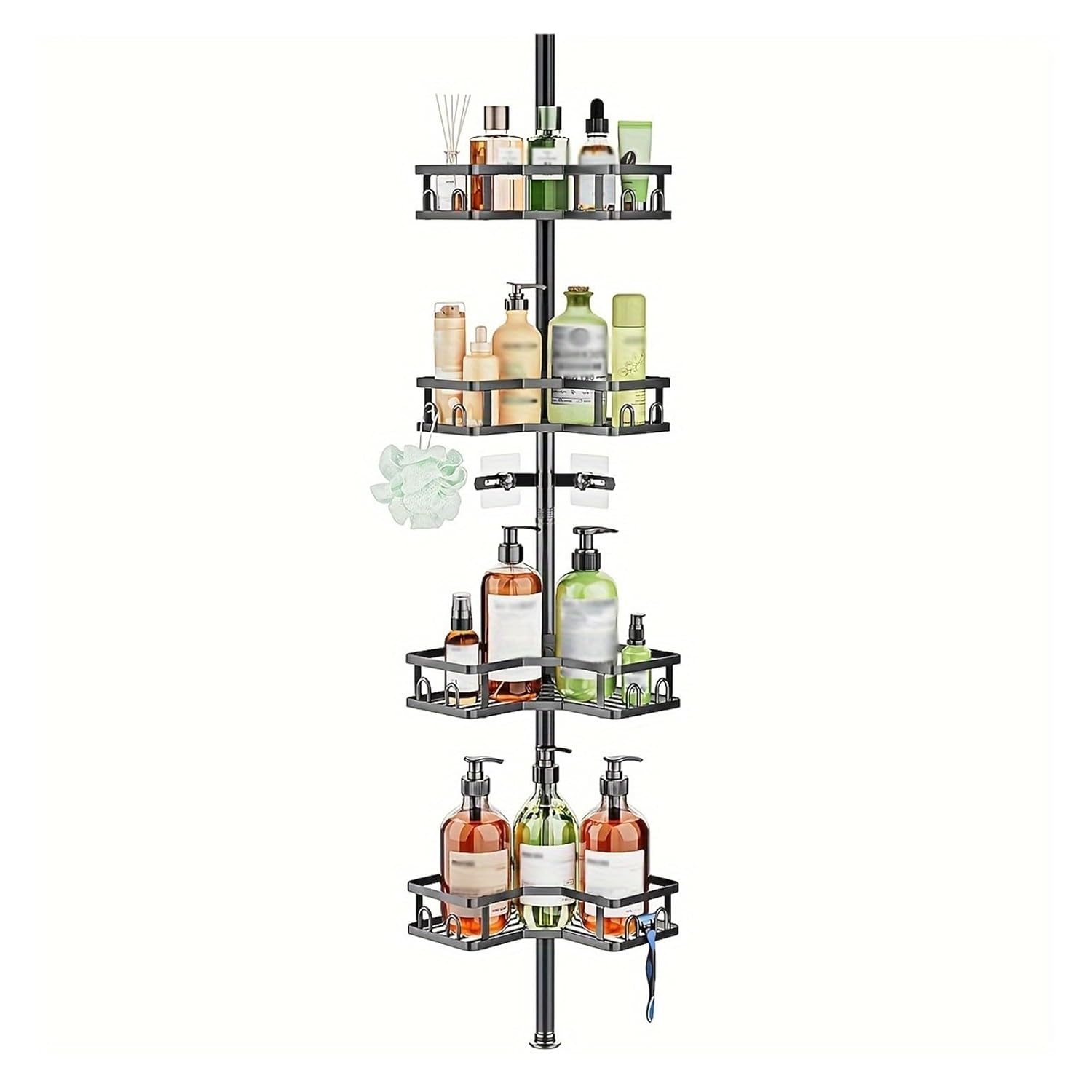 ljjymx 4-Tier Adjustable Corner Shower Caddy with Rust-Resistant Stainless Steel Pole Tension Control - Heavy-Duty Black Bathroom Organizer