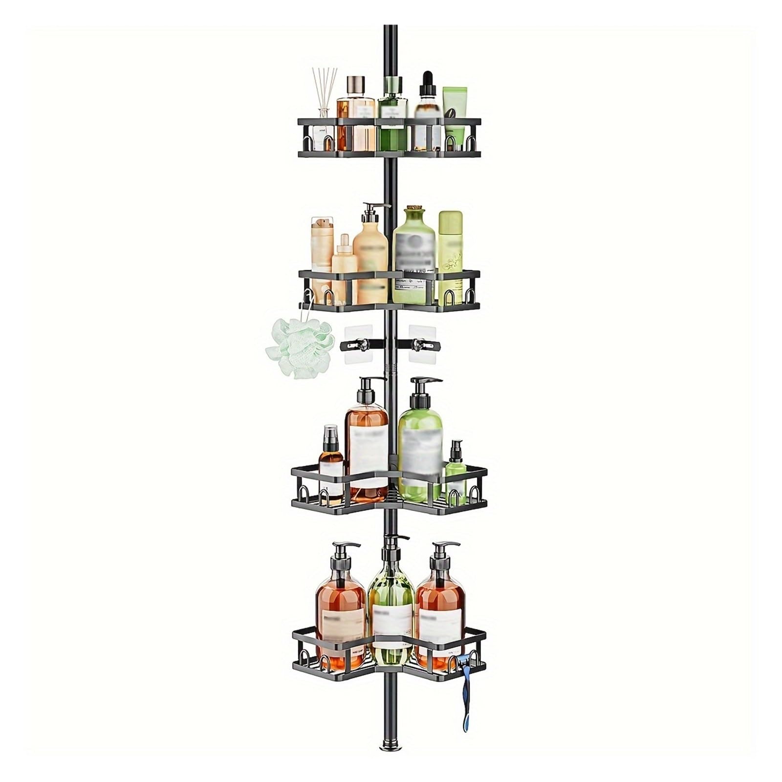 ljjymx 4-Tier Adjustable Corner Shower Caddy with Rust-Resistant Stainless Steel Pole Tension Control - Heavy-Duty Black Bathroom Organizer