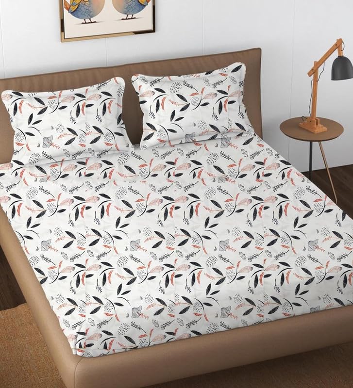 Image of Bedsheet Bed with 2 Pillow Covers 100% Cotton 144 TC |Chadar - Flat Sheet with 2 Pillow Covers - Black Leaf Double
