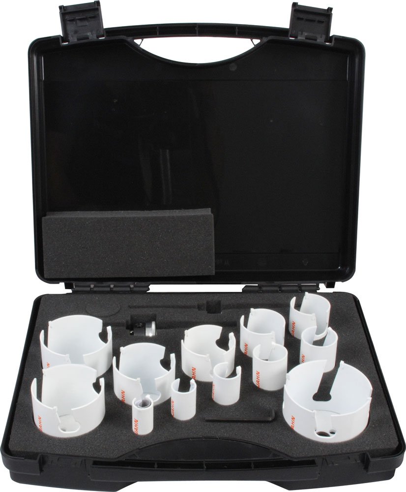 Projahn Koffer mit HM TCT Multilochsägen jede 1 Stück 19/22/25/32/35/40/44/51/57/64/68/76 mm, inklusive 2 Adaptern, jede 1x HSS und TCT Zentrierbohrer sowie 1x Winkelstiftschlüssel 60591