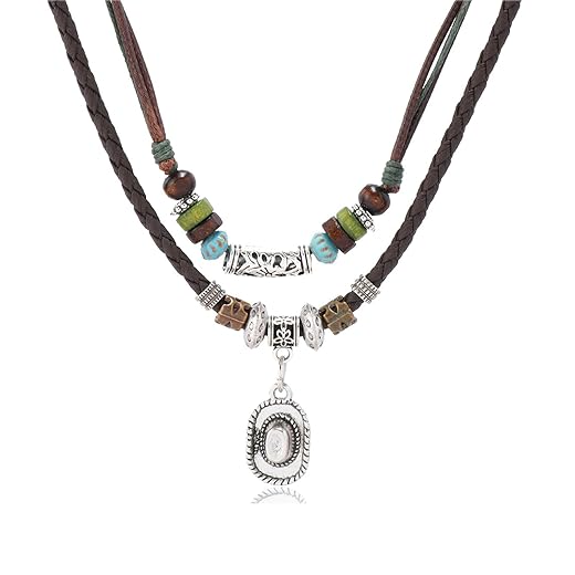 Colares Boho para mulheres, colares ocidentais modernos boêmios turquesa colar pingente vintage colar de couro em camadas acessórios de joias ocidentais