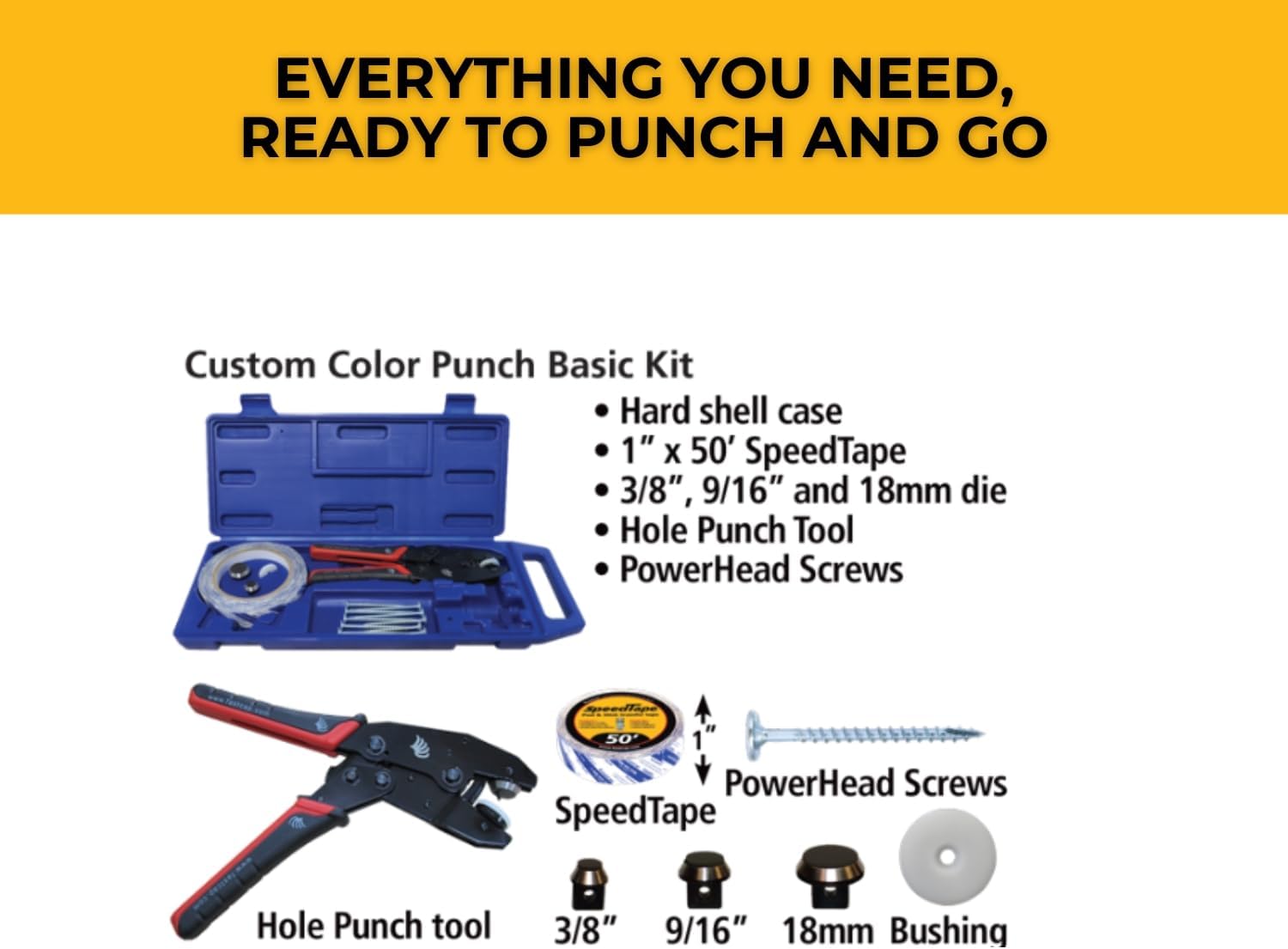 FastCap Custom Color Punch Kit Basic with Powerhead Screws, Hole Punch Tool and 1" x 50' SpeedTape - Perfect for Professional Contractors and Technicians - 80056