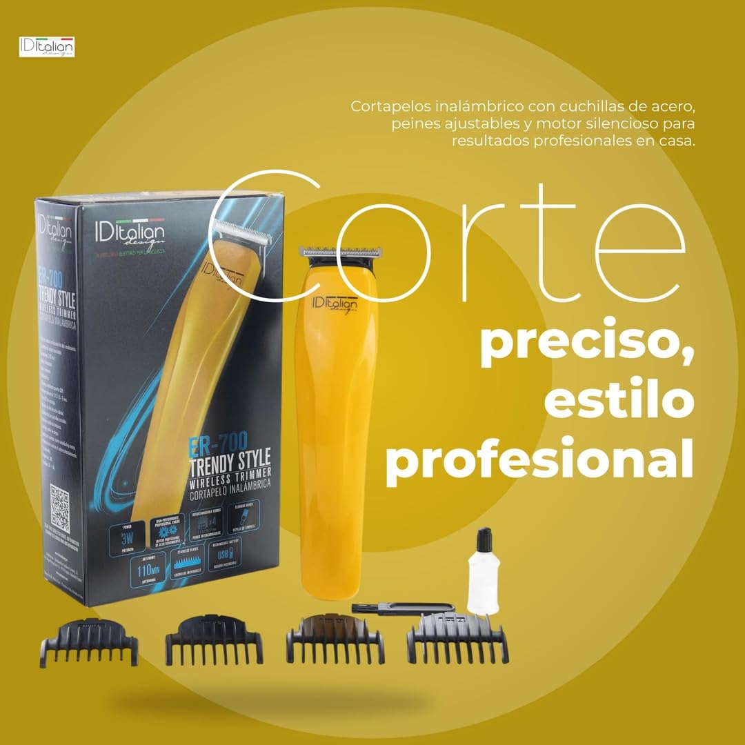 Italian Design - Cortapelos Profesional para hombre - Corte Preciso en Cabello y Barba - Inalámbrico con Batería Recargable 60 Min - Peines Ajustables - Motor Silencioso - Cuchillas Acero