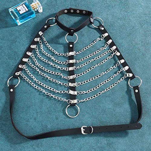 DRESBE Punk Layered Body Chain Black Leather Bra Caged Harness Choker Bra Chains Gothic2