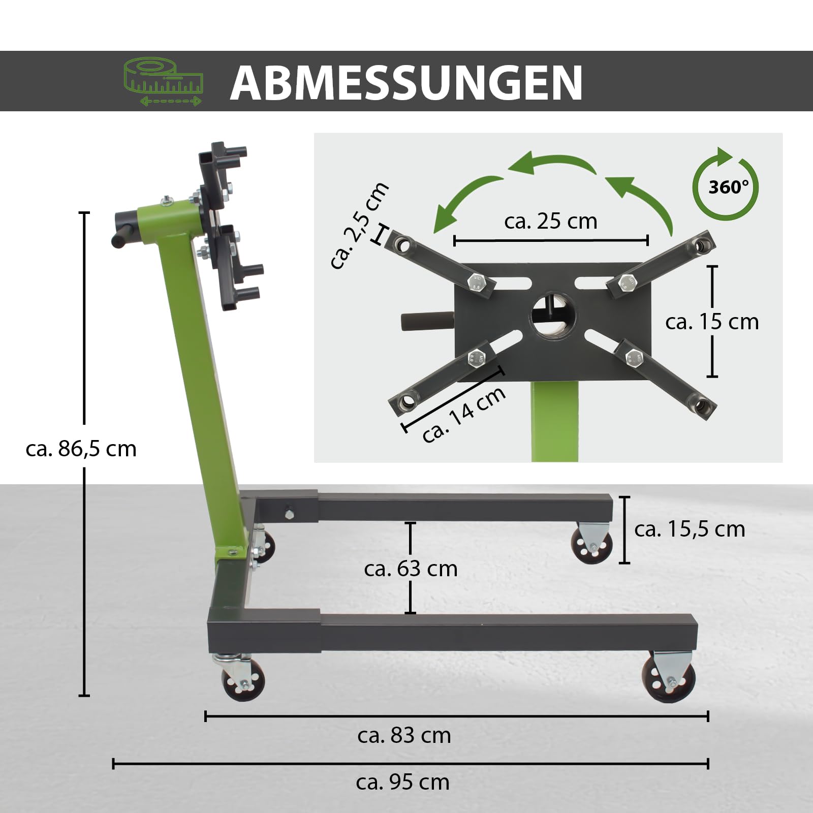 TRUTZHOLM Motorständer Stahl Tragkraft 900 kg 6 Lenkrollen Tragkraft 550 kg 2 Bockrollen 2 Lenkrollen 360° drehbarer Montagekopf Montageständer mit Flexibler Aufnahme für Motoren Getriebe (38637)