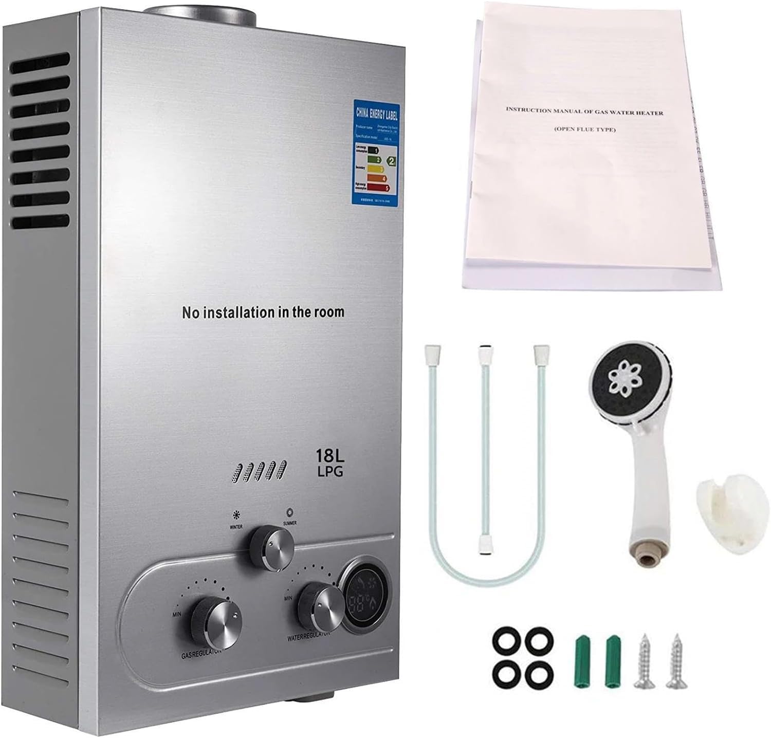 Chauffe-eau au gaz Propane gpl 7L/min (2.1 GPM),Chauffe-eau Instantané 14KW LPG avec une Pression d'Eau de Départ Très Faible de 0,2 bar,Fonctionne au Butane et Propane (argent)