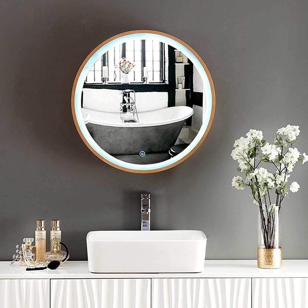 Round Wall-Mounted Bathroom Mirror Cabinet with LED Light, Wooden Storage Cabinet with Sliding Door, 50-70cm(23.6" L x 23.6" W)