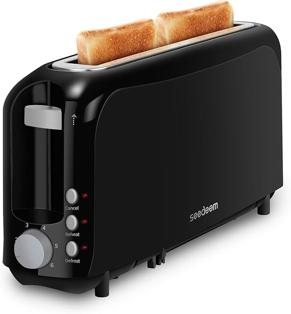 SEEDEEM 2 Grille-pain mince, simple 10" Long Slot Toaster s'adapte à Bagels & Pain artisanal, 6 Paramètres de l'ombre, Annuler/réchauffer/défroster, Plateau en croûte amovible, Arrêt automatique, Noir