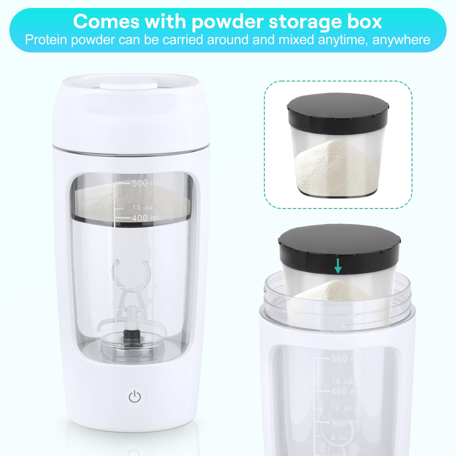NVIYAM Shaker elettrico 650 ml, shaker per proteine con scomparto per polvere, shaker per proteine USB C, ricaricabile, frullatore elettrico per potein in polvere e frappè, frullato proteico