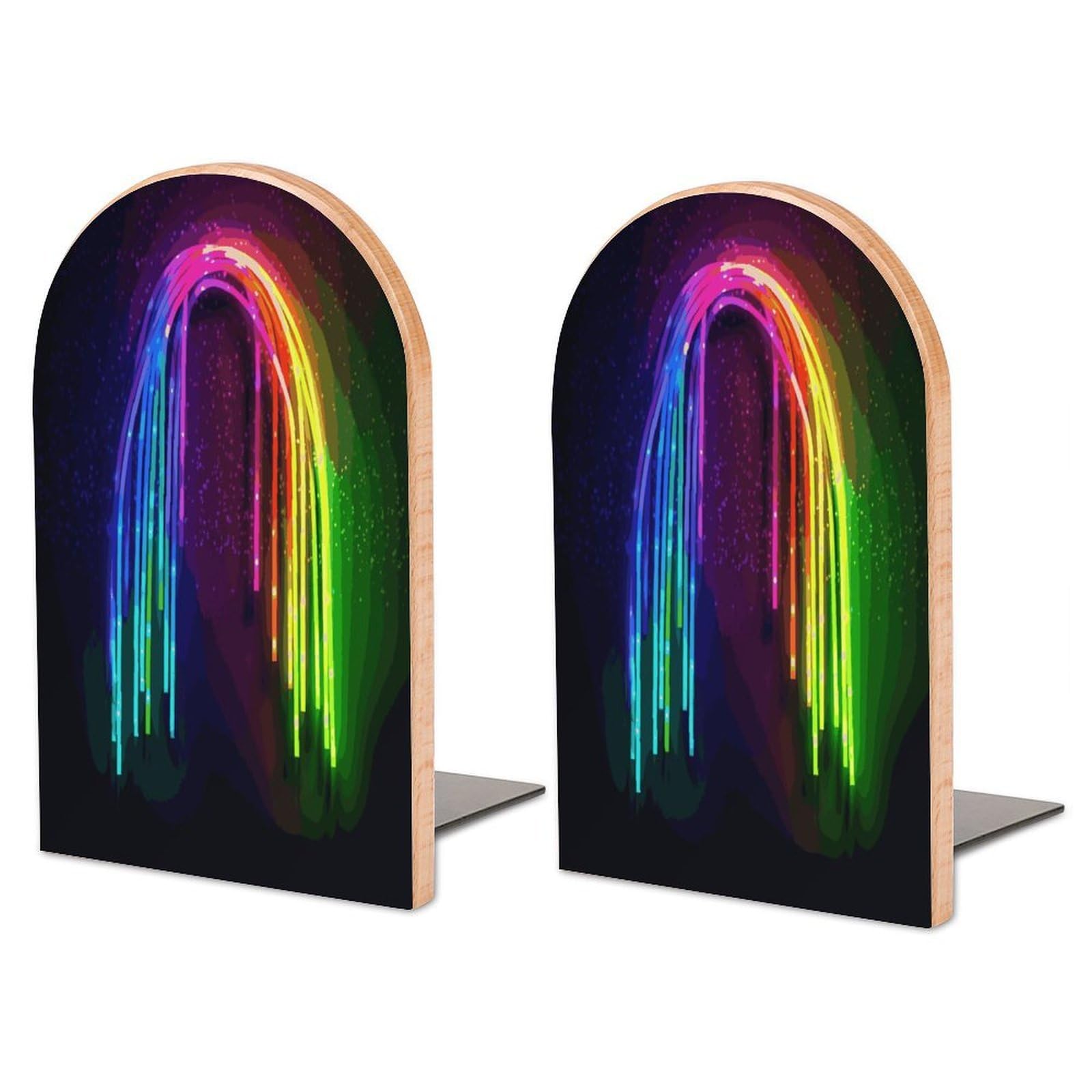 Large Rainbow Neon Book End with Metal Base Fashion Heavy Duty Bookend Exquisite Wooden Bookends Non-Skid Book Stopper for Shelves Books Organizer for Office Home 1 Pair