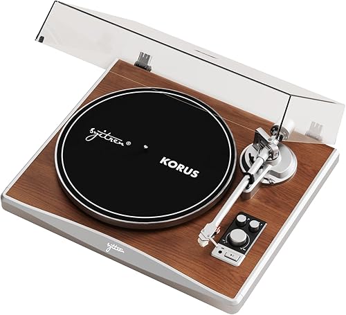 Miniatura 4 de KORUS - Tocadiscos con altavoces externos, tocadiscos Bluetooth, tocadiscos de transmisión por correa de 2 velocidades, contrapeso ajustable,