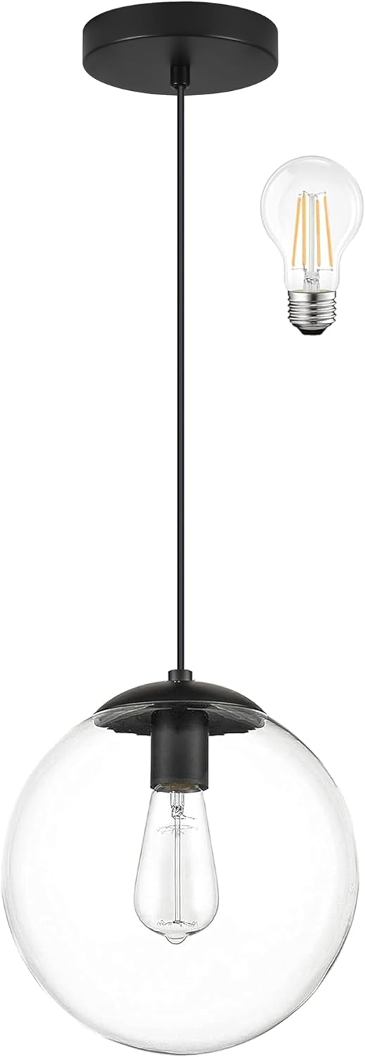 KoKo&Yukina 8 inch Globe Pendant Lighting for Kitchen Island Mid Century Modern Hanging Light Fixture with Clear Globe Glass Black Industrial Hanging Ceiling Lights for Bathroom Entryway (Bulb Incl.) Clear & Black 8 inch