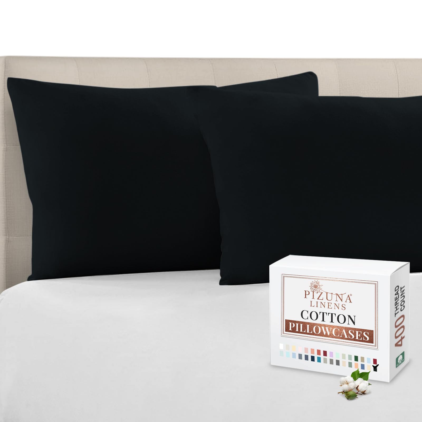 Pizuna Black 100% Cotton Housewife Pillowcases 2 Pack 48X74cm, 400 Thread Count Long Staple Combed Cotton Pillow Cover, Sateen Weave Standard Housewife Pillowcase (Cotton Pillowcase Pack Of 2)