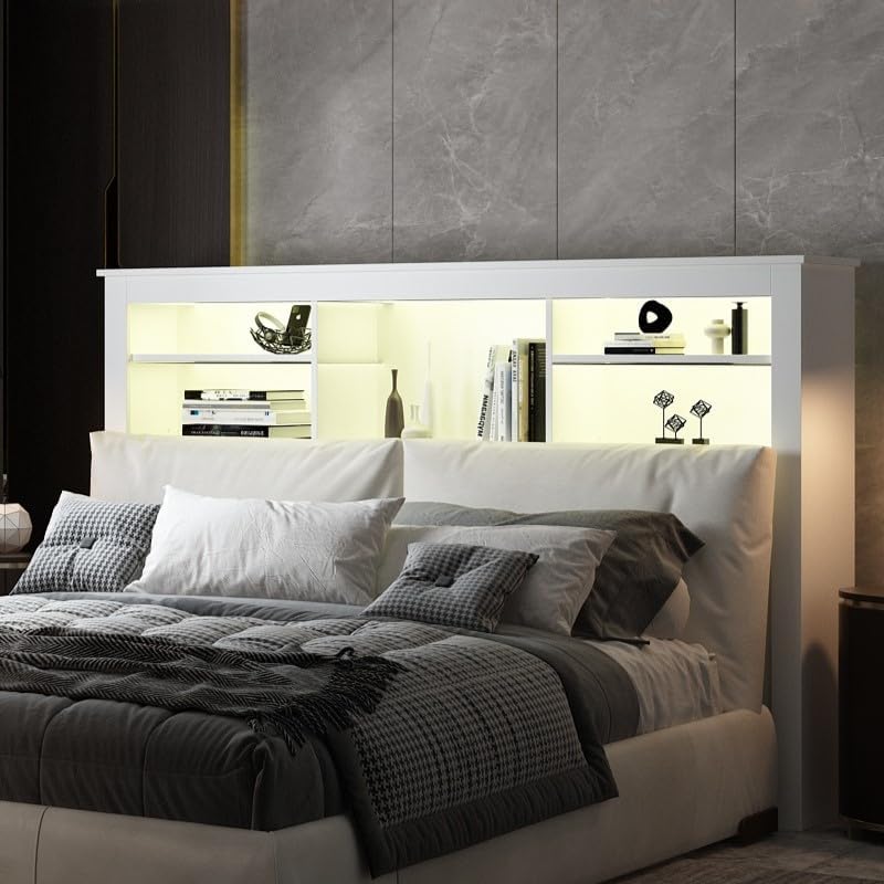 ECACAD Modern Queen Size Headboard with RGB LED Lights, Adjustable Storage Shelves, USB Ports, Charging Station & Remote Control for Bedroom, White (