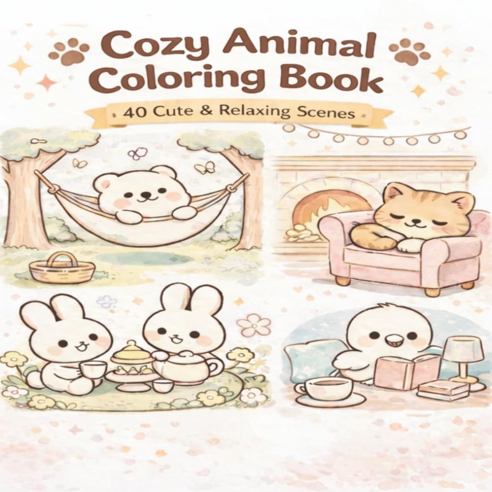Cozy Animal Moments Coloring Book: Cute & Relaxing Kawaii Animals in Cozy Scenes with Cats, Dogs, Bunnies & More – Stress Relief Coloring Book for Teens & Adults